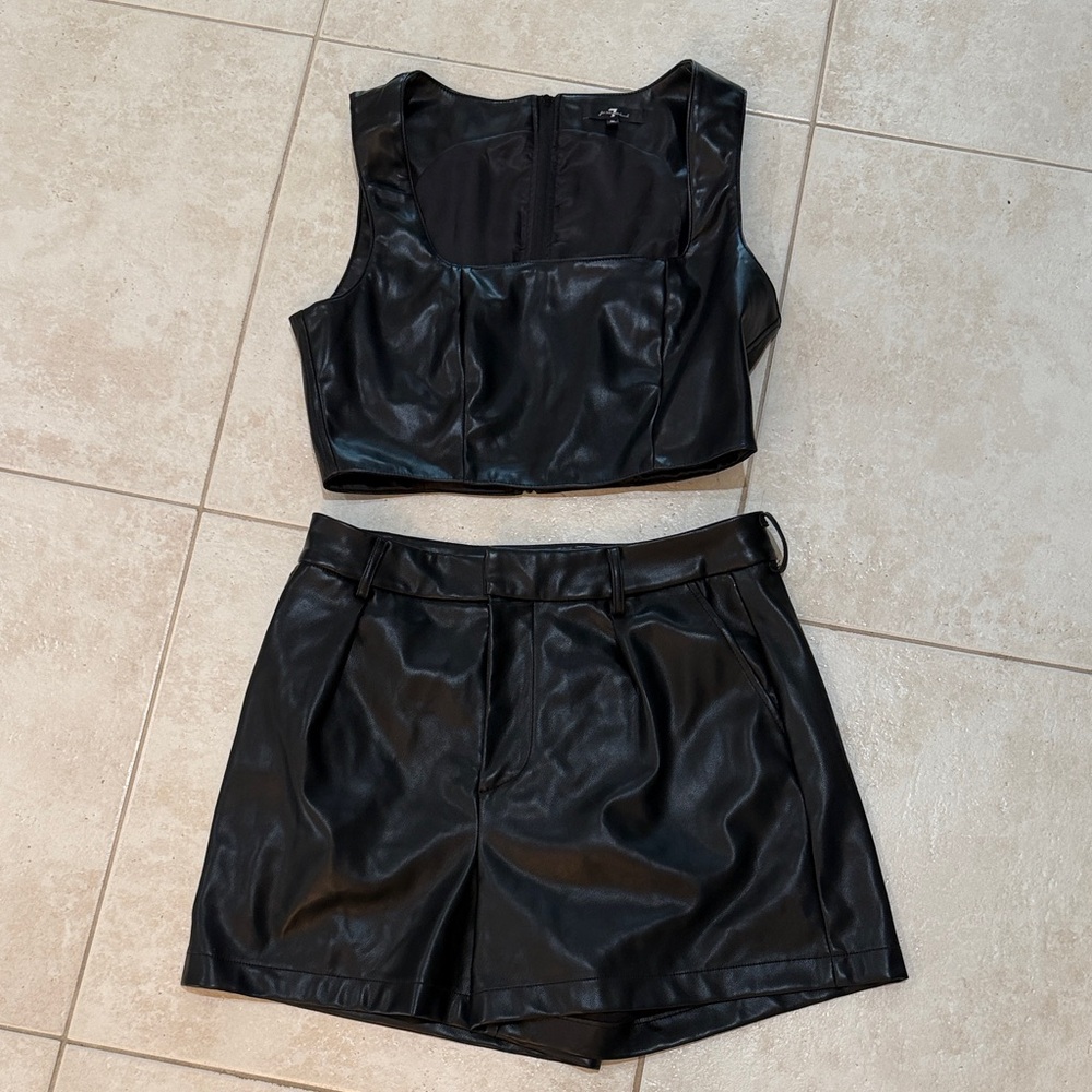 7 For All Mankind Black Leather Top and Shorts Set